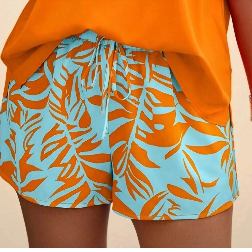 Shein Loose Shorts Women Size 12 Curve 0XL Blue Orange Tropical Print